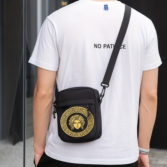 NIP DESIGNER INSPIRED CROSSBODY BAG BLACK & GOLD MEDUSA GREEK KEY - Picture 4 of 12